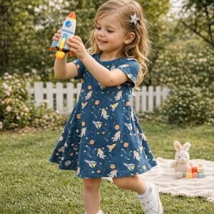 Piccolina Girls 4T Space Galaxy Print 100% Cotton Dress Blue Pink Nasa Artimus
